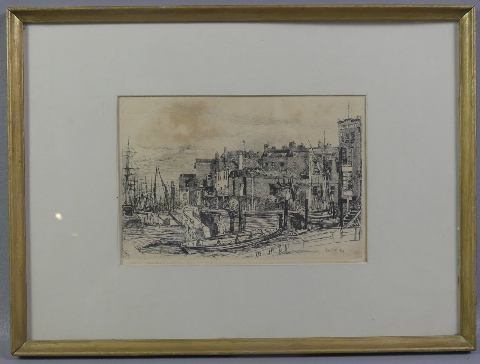 WHISTLER ETCHING - WAPPING WHARF 1859: Antique J.A.M. Whistler etching titled Whapping Wharf or Thames Police. Signed in plate Whistler 1859. 6 x 8 in, framed 12.5 x 16.5 in. Light stain in sky.