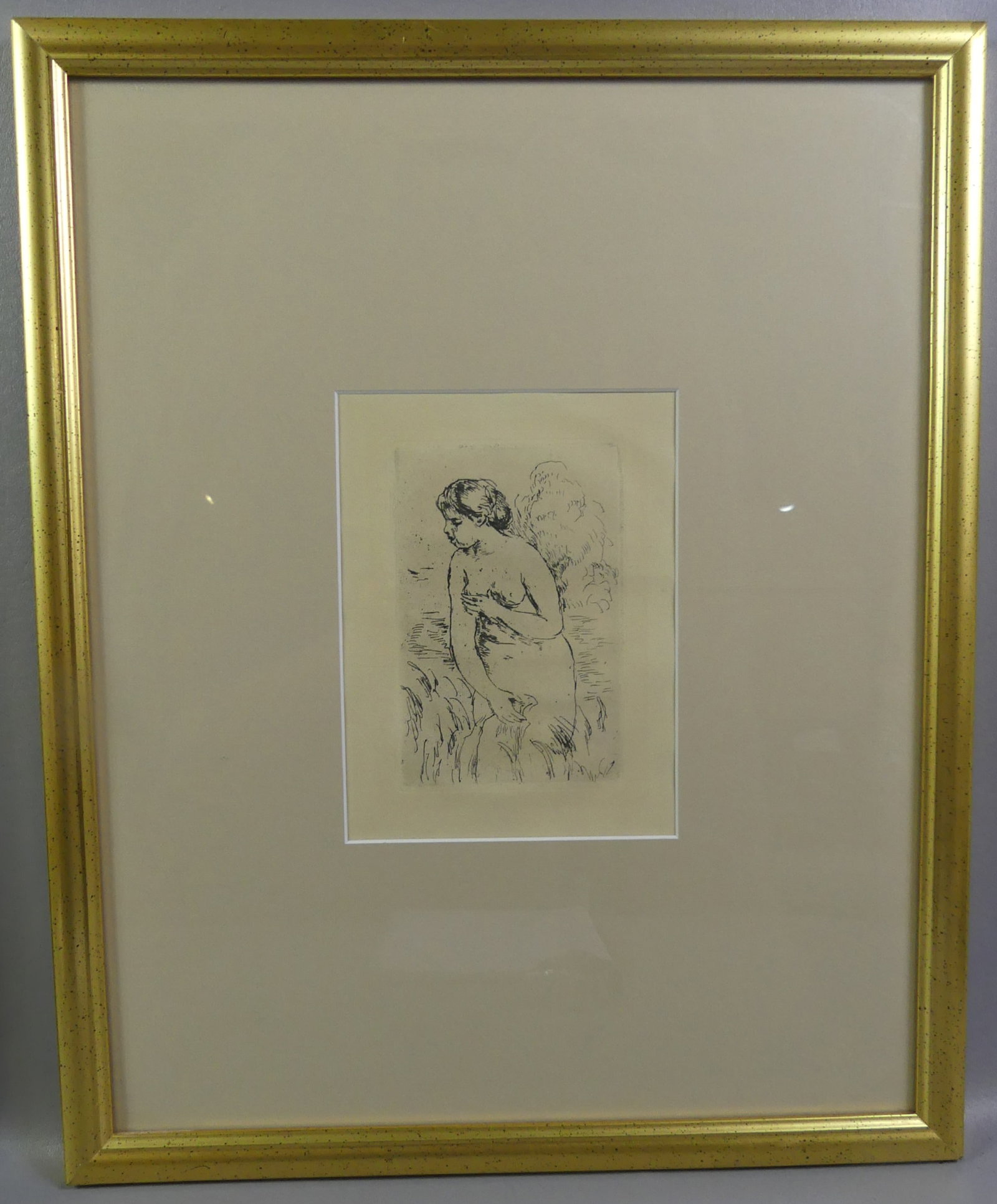 RENOIR ETCHING - STANDING BATHER: Old Renoir French etching (unsigned) known as --Baigneuse debout a mi-jambes--(Standing Bather, Down to the Knees) circa 1910. Only 1 edition. 6.5 x 4.5 in, famed 21.5 x 17.5 in.
