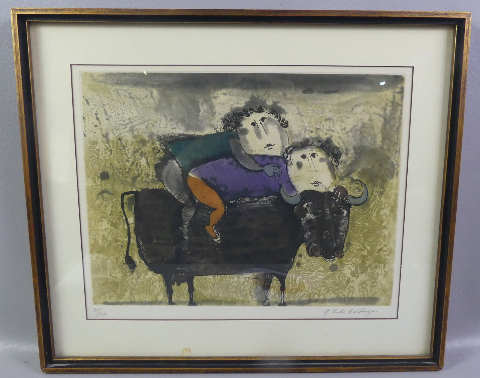 RODO-BOULANGER LITHOGRAPH - CHILDREN ON OX: Original color lithograph by Graciola Rodo-Bouolanger titled --Children on Ox. Signed in pencil by artist with #68/120. 12.5 x 16 in, framed 17.5 x 20.5 in. (Bolivian artist born 1935).