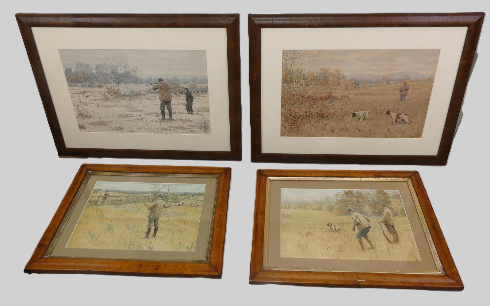 SET 4 LITHOGRAPHS HUNT SCENES - A.B. FROST: Set of 4 old colored lithographs of hunting scenes after A.B. Frost: Pair in birdseye maple frames, 17.5 x 22.5 in overall; and pair in modern walnut frames, 21 x 28 in overall. All in VG condition.