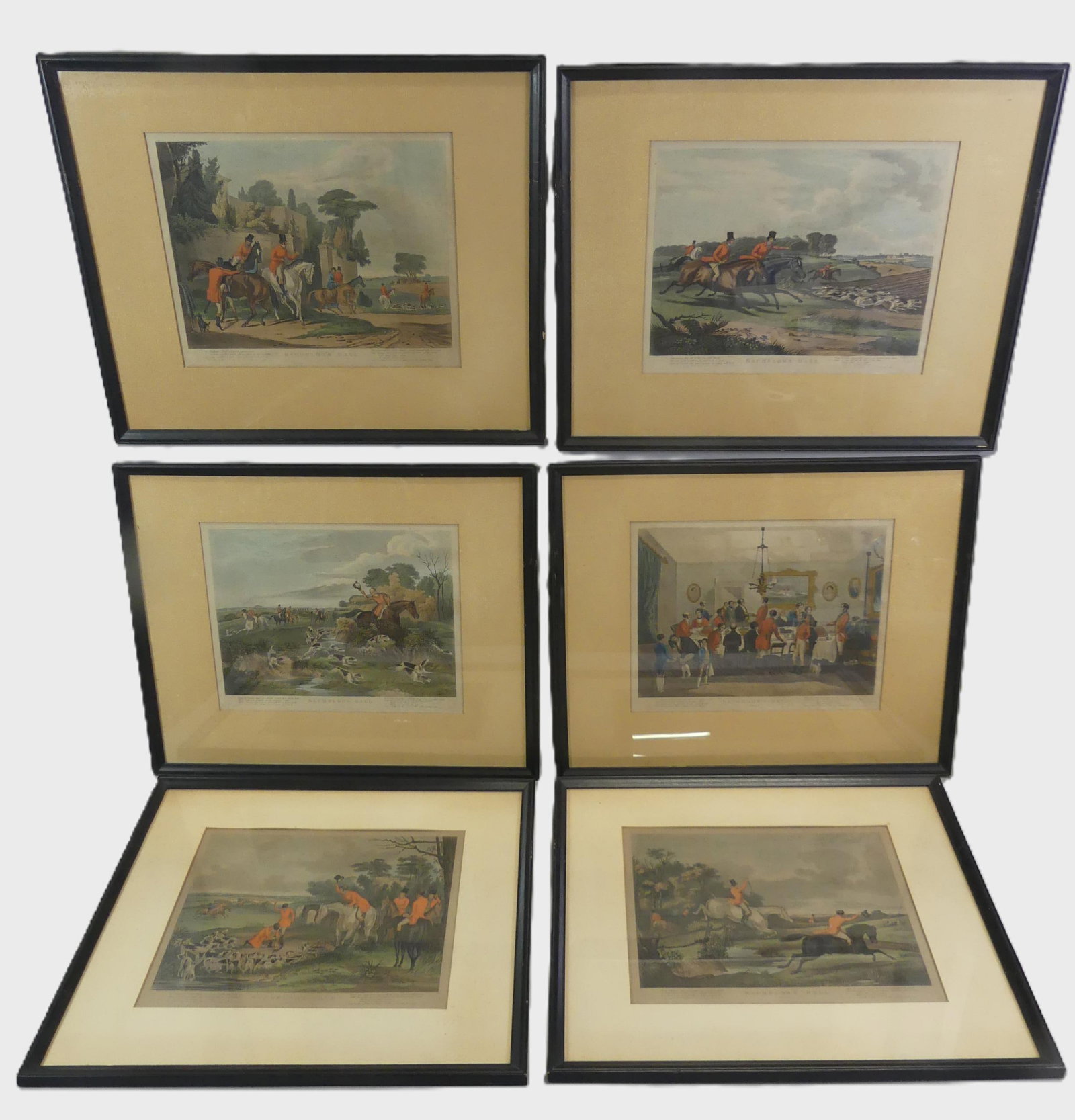 SET 6 ENGLISH FOX HUNT PRINTS: Complete set of 6 English 19th century colored fox hunting prints titled BACHELOR'S HALL, Plates I-VI. Sight size 12 x 14.5 in, framed 20 x 24 in. All VG condition.