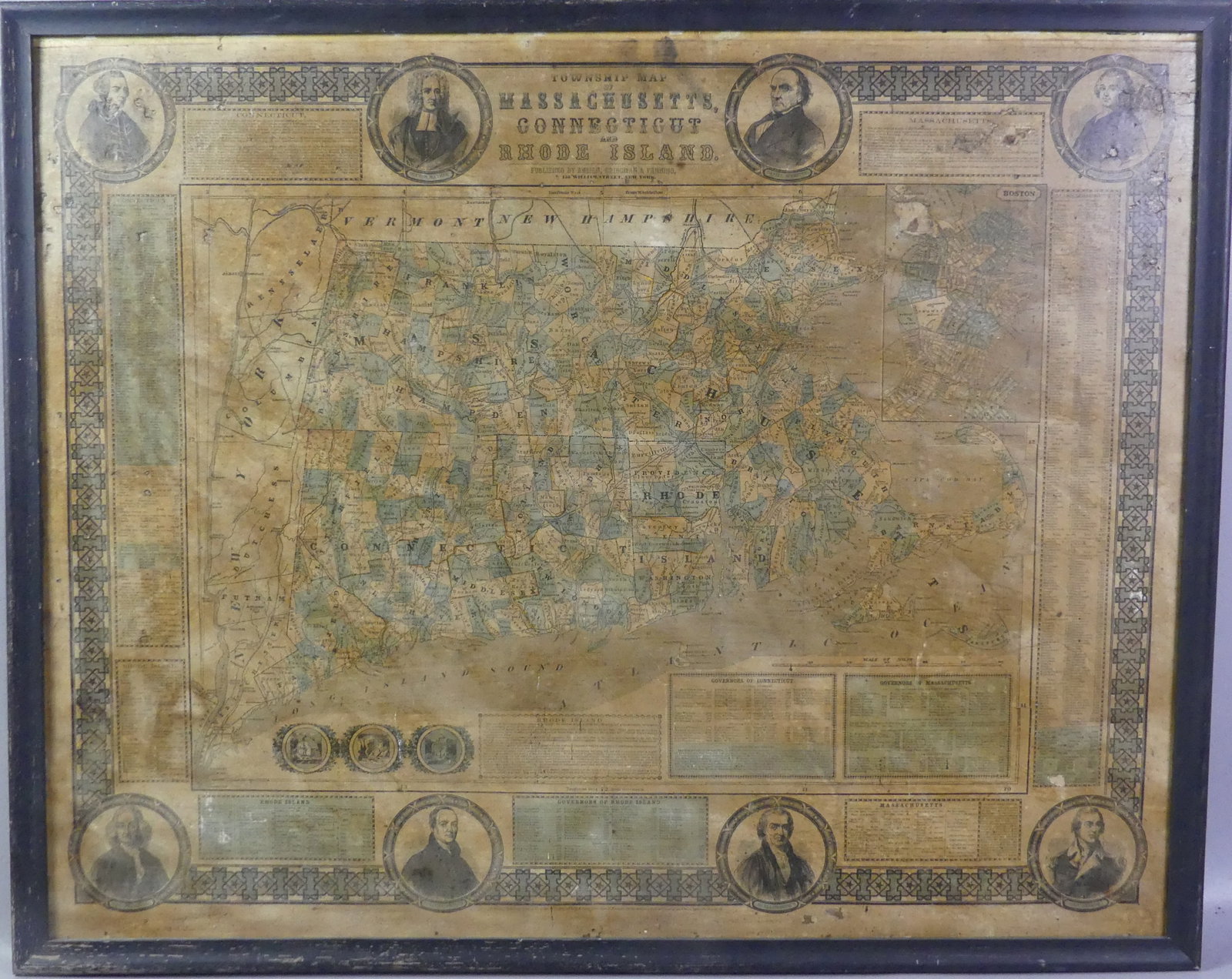 N.E. TOWNSHIP MAP BY ENSIGN ET AL 1855: Antique township map of Massachusetts, Rhode Island, and Connecticut published by Ensign, Bridgman, and Panning of NY 1855. As found condition with some staining and damage, laid down on board.