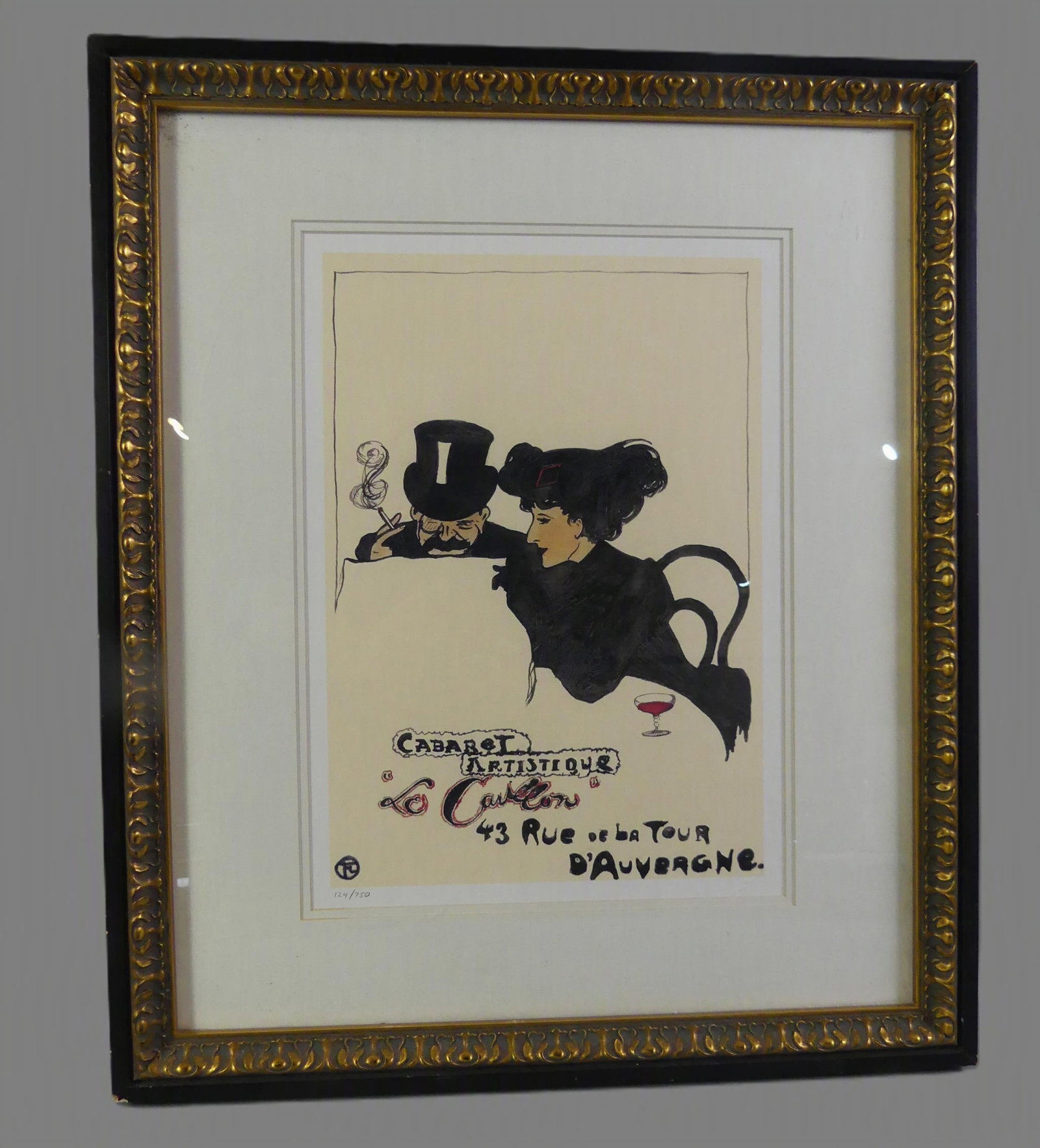 LAUTREC POSTER - CABARET ARTISTIQUE: Old limited edition poster by Henri Toulouse-Lautrec titled --Cabaret Artistique-- numbered 124/750. Size: 17.5 x 12.5 in, framed 26.5 x 22.5 in. Good condition.
