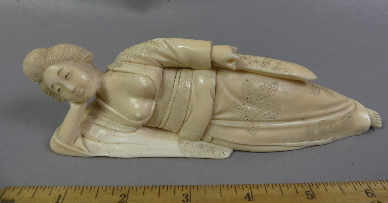 ORGANIC CARVED JAPANESE MEIJI DOCTOR'S MODEL - LADY: Japanese Meiji period carved organic sculpture of a doctor's model depicting a reclining woman. Unsigned. 7 in long and 2.25 in high.