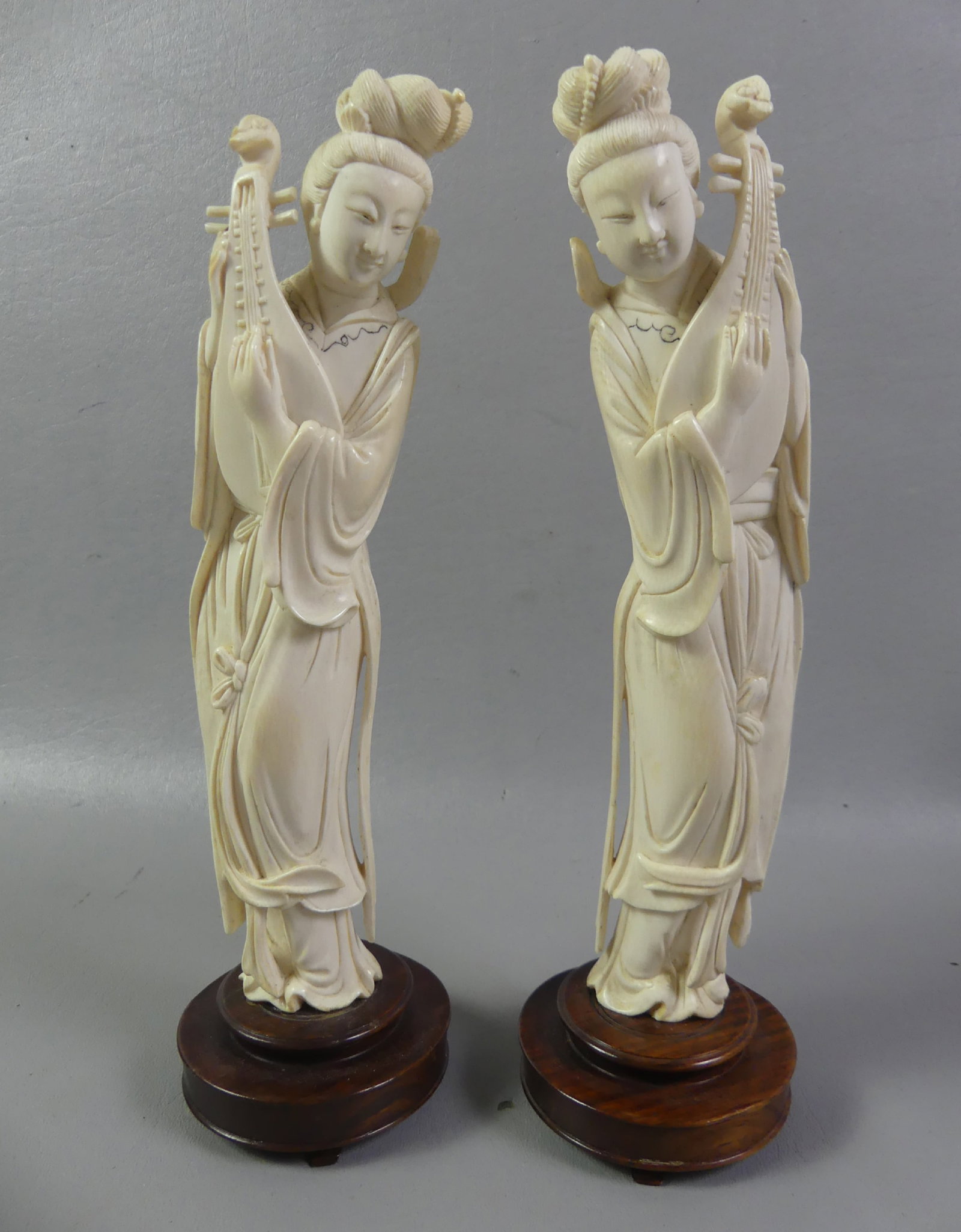 PAIR ANTIQUE CHINESE CARVED LADY MUSICIANS (1 of 2)