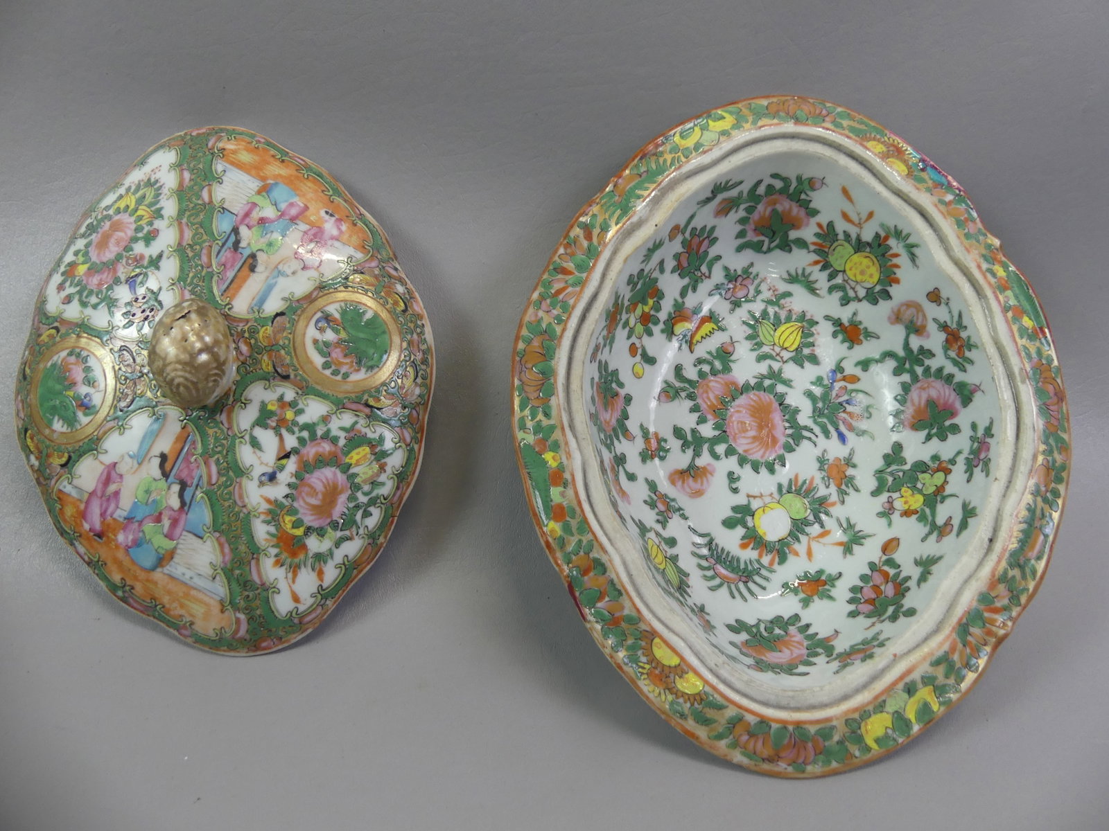 CHINESE ROSE MEDALLION VEGETABLE BOWL: 19th century Chinese Rose Medallion oval covered vegetable bowl, 11.5 in long x 9 wide. Excellent condition.