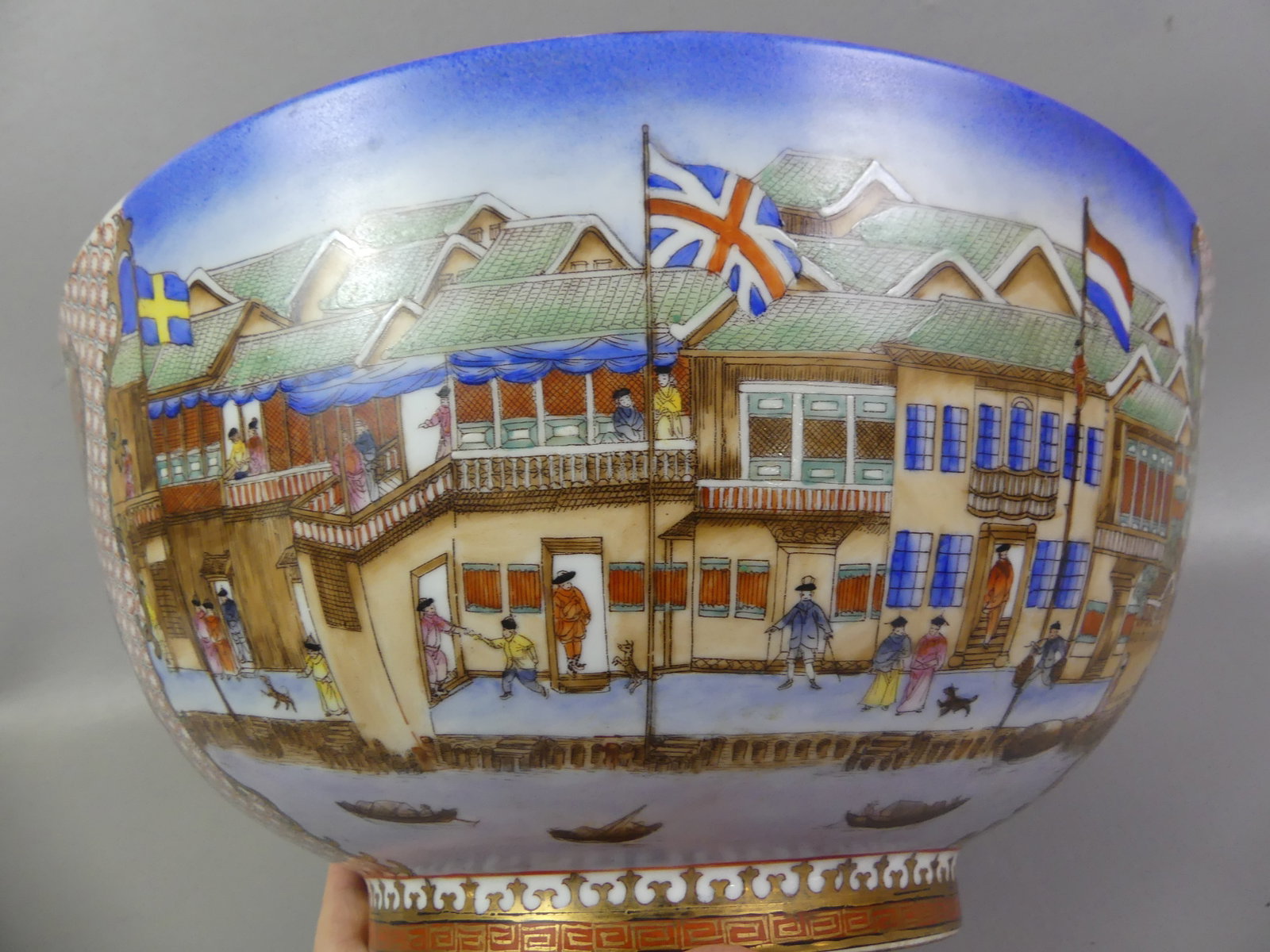CHINESE EXPORT PUNCHBOWL - HONG KONG HARBOR: Vintage Chinese Export large punchbowl with hand decorated scenes of government building in Hong Kong, china shops, ships in harbor, etc. Unsigned.14 in diameter and 6.5 in deep. VG condition.