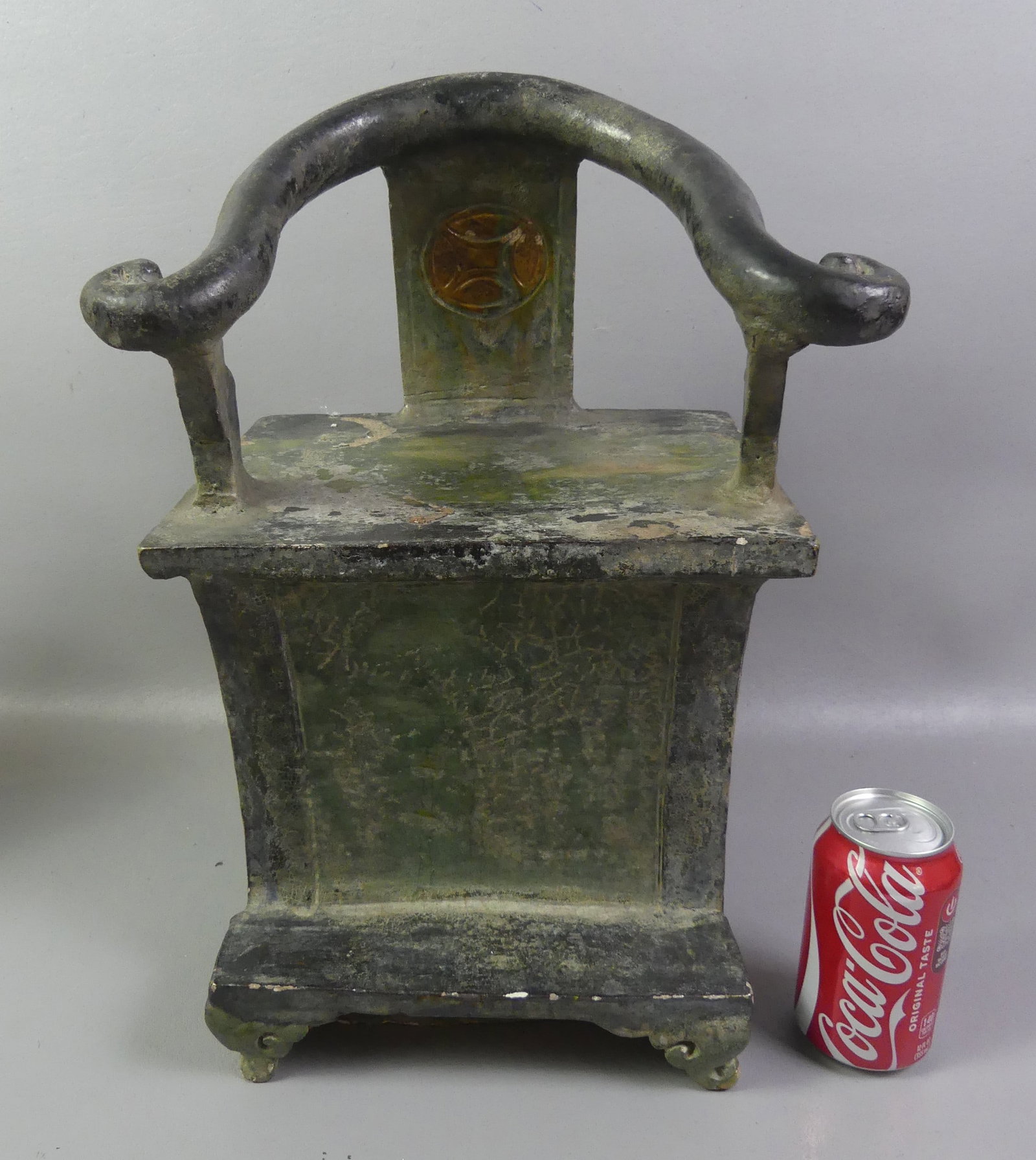 MING DYNASTY CHINESE TOMB CHAIR: Chinese green mottled glaze ceramic votive throne / tomb chair from Ming Dynasty. 18 x 12 x 10 inches. Good condition. Circa 1600.