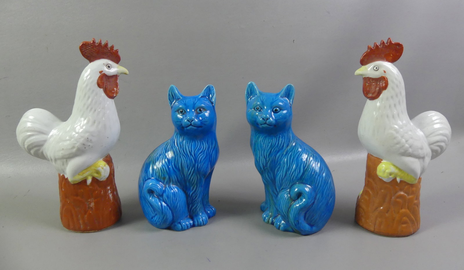 2 PAIR CHINESE FIGURES: CATS & ROOSTERS (1 of 3)
