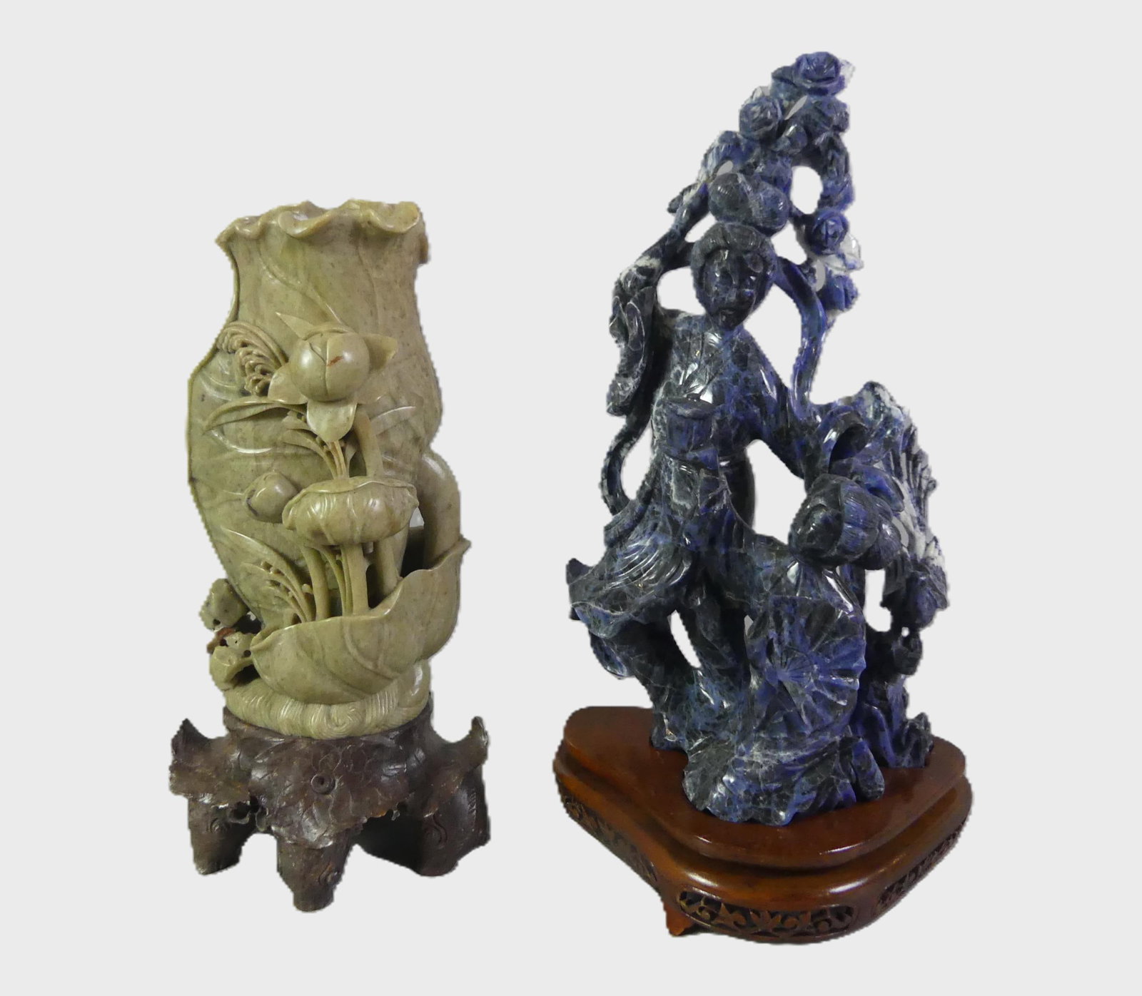 CHINESE CARVED LAPIS & SOAPSTONE VASES: 2 carved Chinese items: 13 in tall x 7 x 4 inch lapis lazuli sculpture of 2 women, mounted on wood base. Has few small chips and repair; and 11 in two-color soapstone vase with lotus flowers.