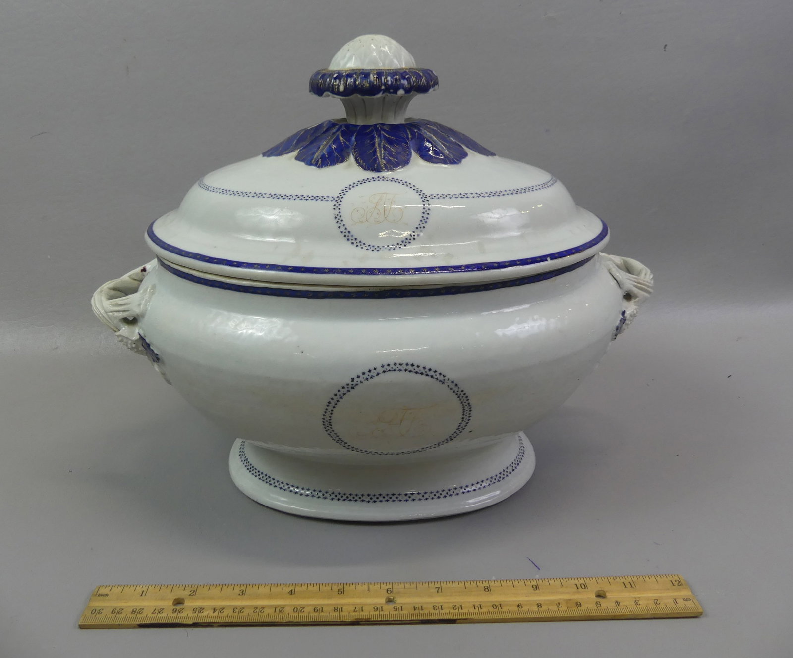 CHINESE EXPORT QIANLONG LARGE TUREEN: 18th century large Qianlong ceramic covered tureen with blue decoration having 4 reserve medallions with monogram. 14 in x 11 in tall. Good condition with light spider hairlines on side and some wear 
