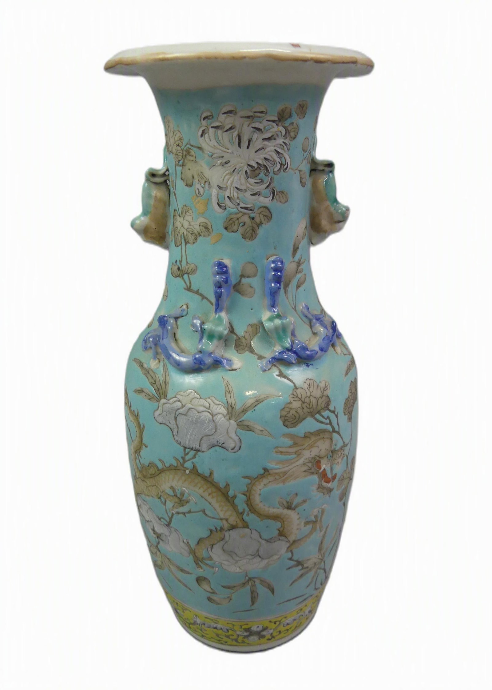 CHINESE FAMILLE ROSE VASE - DRAGONS: Antique Chinese Famille Rose decorated vase in turquoise blue with flowers and dragons. 10.5 in tall. VG condition. No marks.