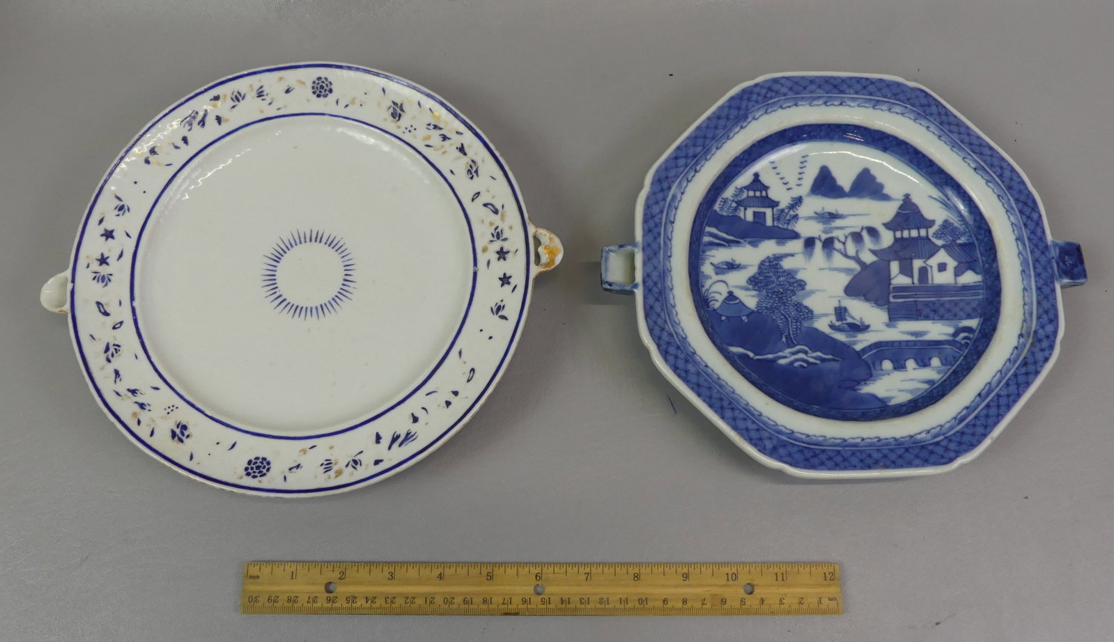 2 ANTIQUE CHINESE HOT WATER PLATES: Lot 2 Chinese ceramic hot water plates to 10 in diameter: 18th entury with blue and gold decoration (minor light hairline) and 19th century Canton, VG condition.