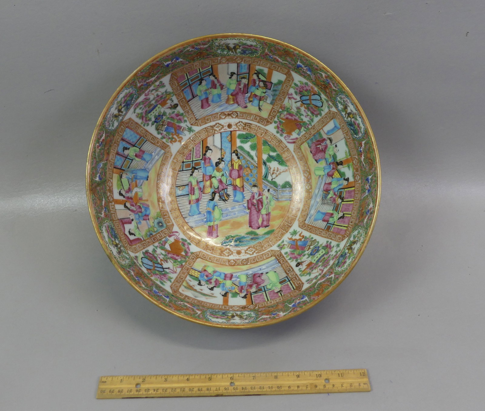 LARGE CHINESE ROSE MANDARIN PUNCH BOWL: Superb 19th century Chinese Export Rose Mandarin ceramic punch bowl with 6 large medallons depicting genre scenes plus flowers, bats, birds, implements, etc. 13.25 in x 6 in deep. VG condition with a