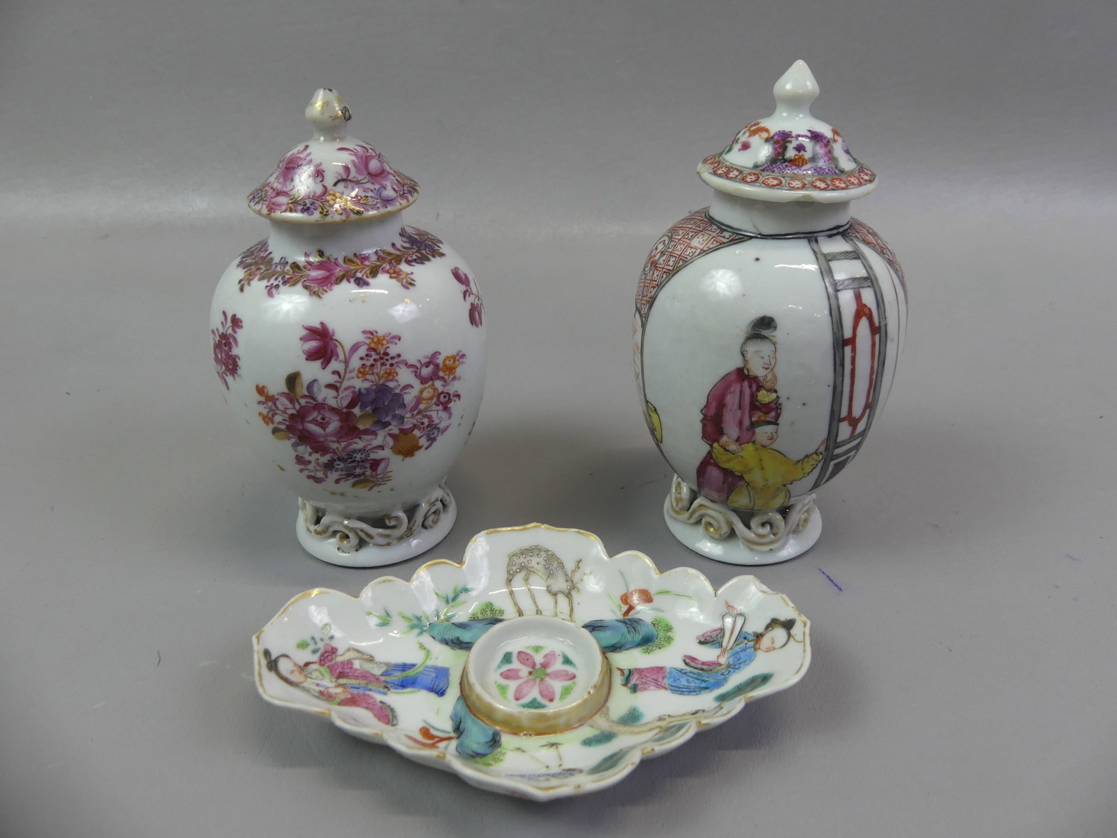 CHINESE 18TH C. TEA CADDIES & INKSTAND: Lot 3 Chinese 18th century Qianlong items: Tea caddy with genre scenes, 5.5 in tall (lid has chips); tea caddy with floral designs (VG); and rare inkstand with figures and animals, 5 in long (couple