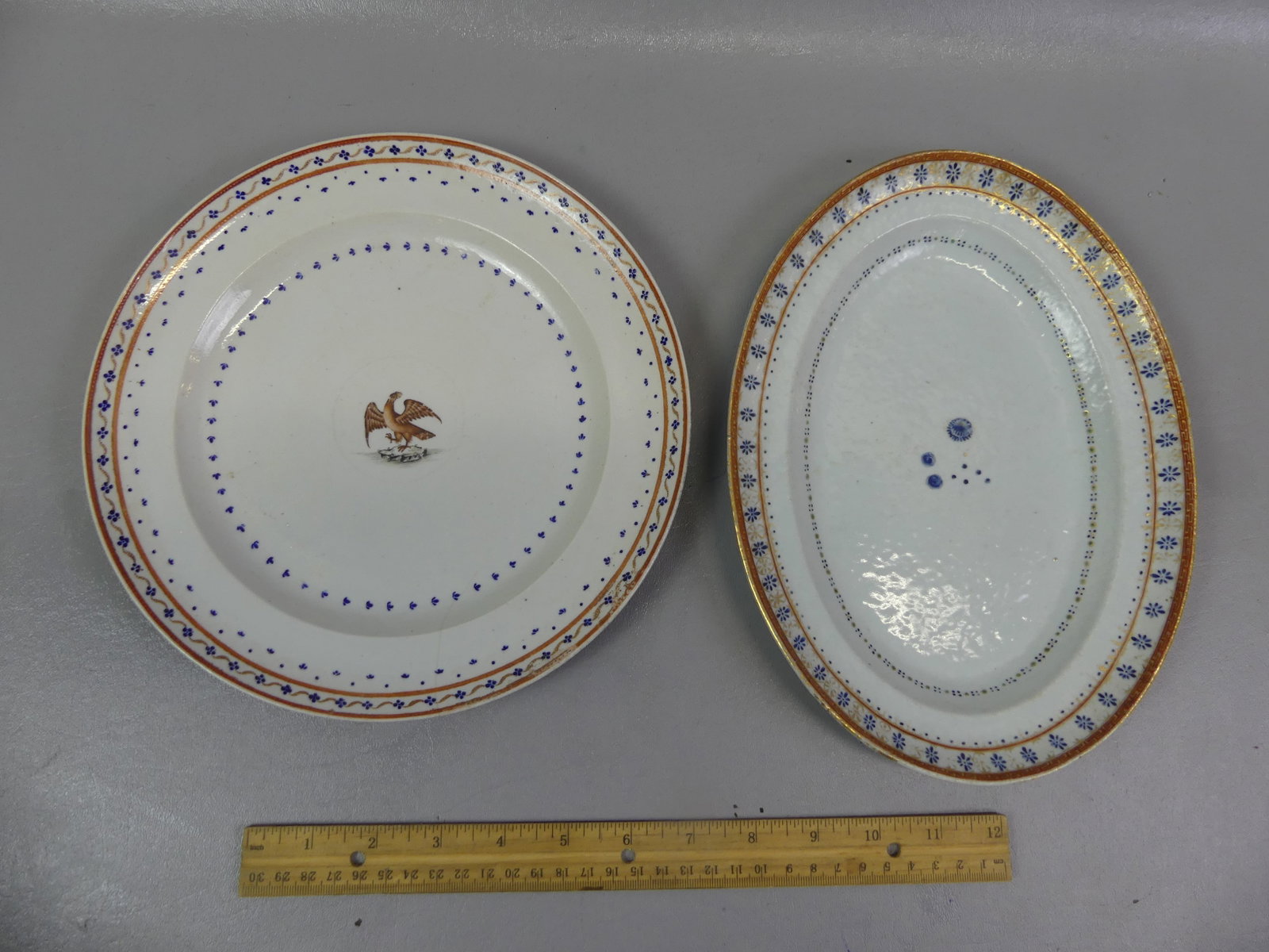 CHINESE QIANLONG PLATTER & EAGLE PLATE: Lot 2 similar 18th century Chinese Qianlong ceramic items with fine decoration: 9.5 in plate with eagle in center (minor 2 in ageline on back); and 10.5 in oval serving tray (excellent condition).