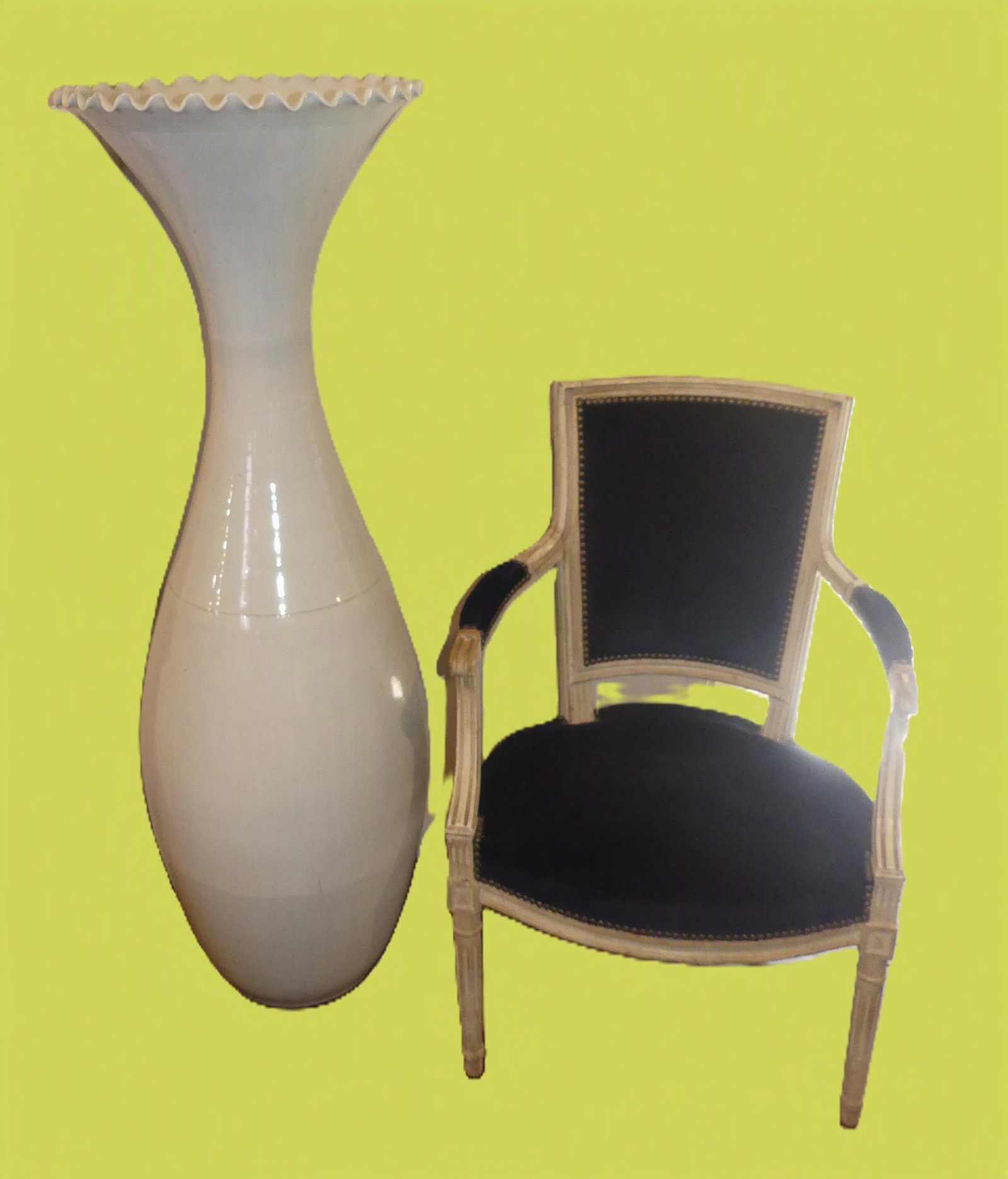 ANTIQUE JAPANESE 4 FT. TEMPLE VASE: Huge Japanese Meiji period glazed white porcelain floor vase or temple urn with ruffled mouth. 49 in tall x 18 in across mouth. Made in 2 sections, no damage or imperfections. Unsigned.