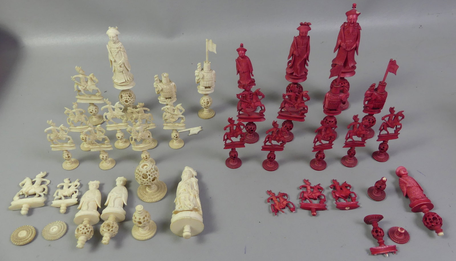 CARVED CHINESE CHESS SET: Antique carved Chinese organic figural chess set as displayed to 6 in tall. Not complete, 31 figures, some have damage or need glue repair.