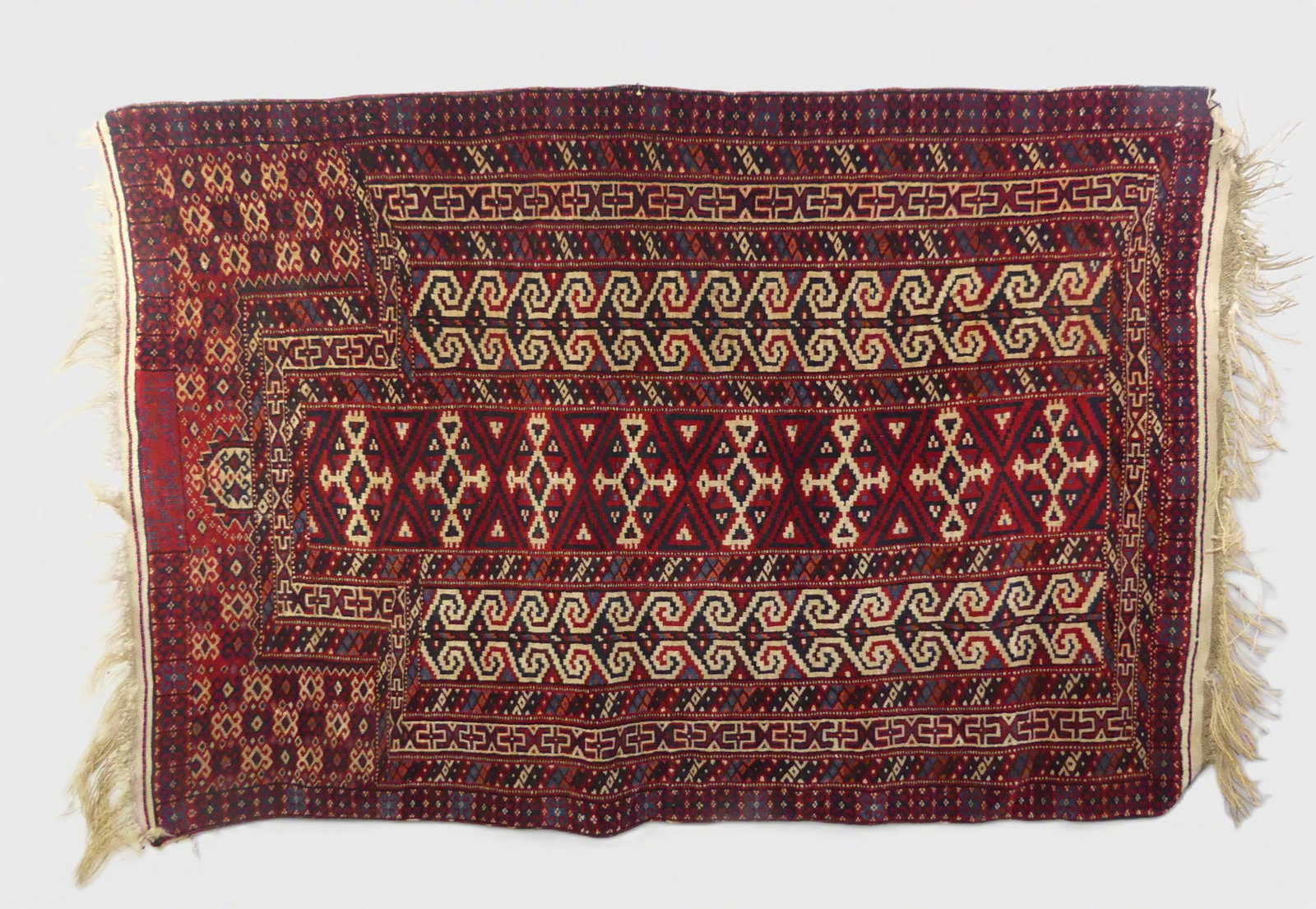 ANTIQUE YOMUT ENSI RUG: Antique Turkoman Ensi scatter rug with signature panel, 2 ft 10 x 4 ft 2 inches. Good condition.