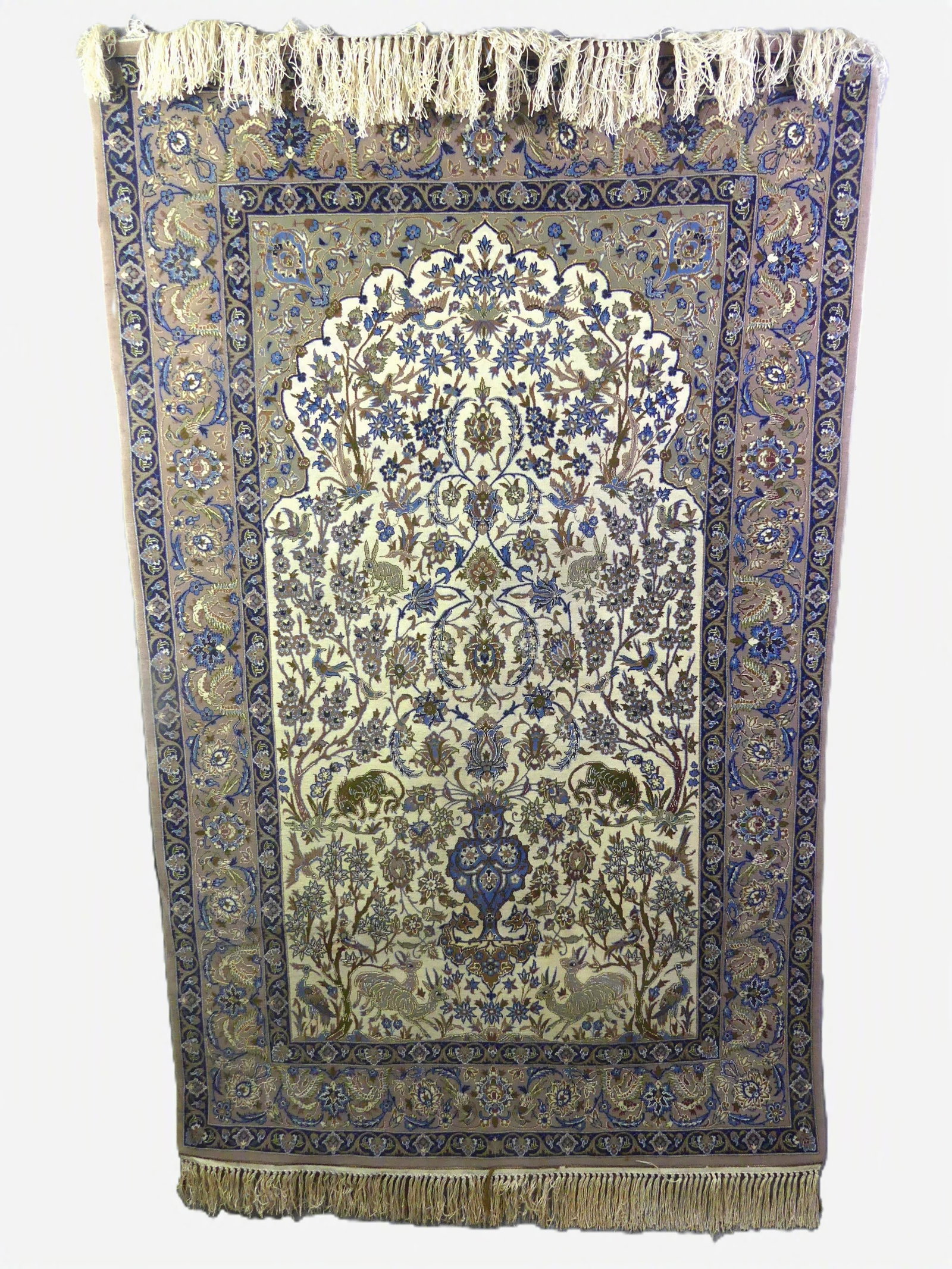 OLD KASHAN TREE OF LIFE RUG: Old Kashan Tree of Life scatter rug with animals, birds, etc High knot count. 3 ft 7 in x 5 ft 9 in. VG condition.