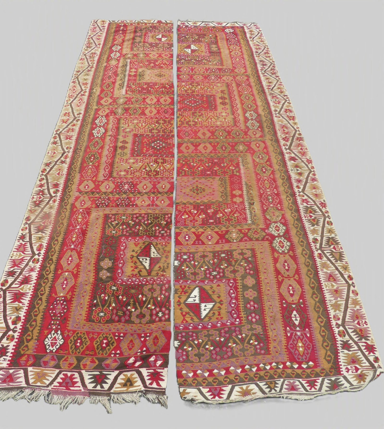 OLD TURKISH KILIM 2 PART RUG: Old 2 section Turkish Kilim runner / room size rug, each section about 3 ft wide and 13 ft 7 in long. Good condtion.