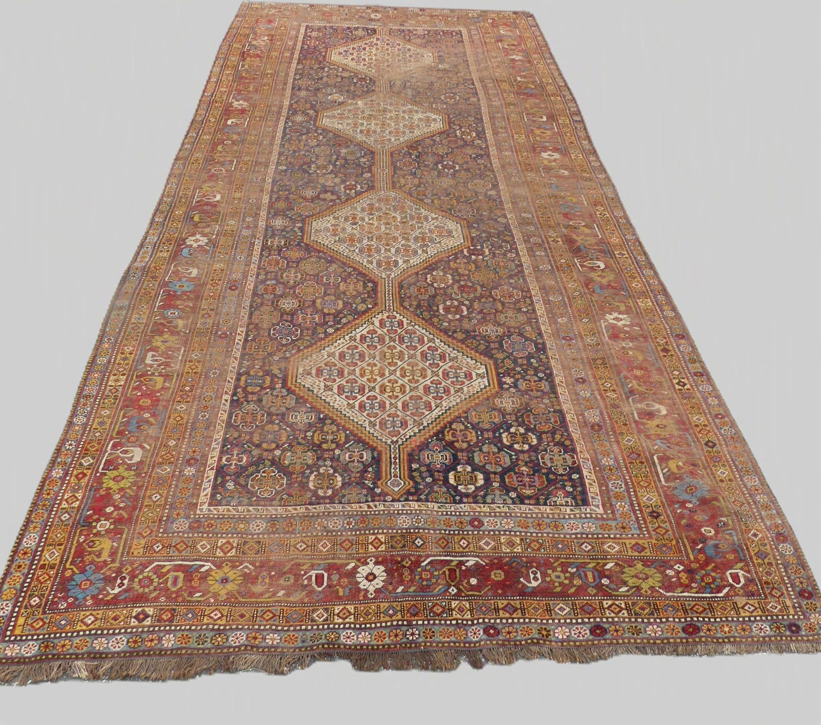 ANTIQUE KHAMSEH RUNNER RUG: Antique Khamseh or Qashqai hall runner with 4 large diamonds, 6 ft 2 x 14 ft 7 inches. Thin pile, light scattered wear.