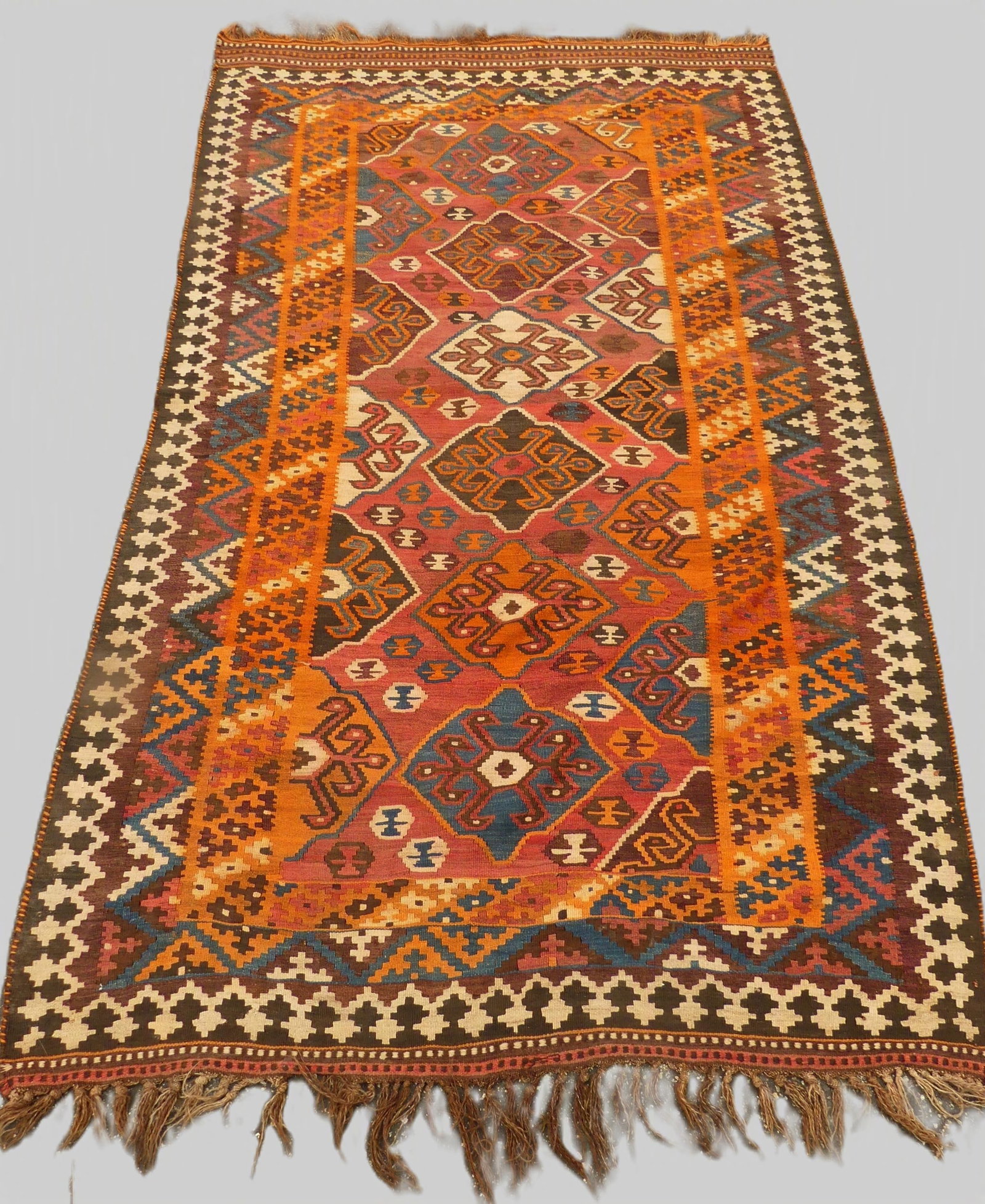 ANTIQUE KILIM RUG - DIAMOND FIELD: Antique Turkish Kilim rug with field of diamonds boxes, 4 ft 8 x 8 ft 3 in. Good condition.