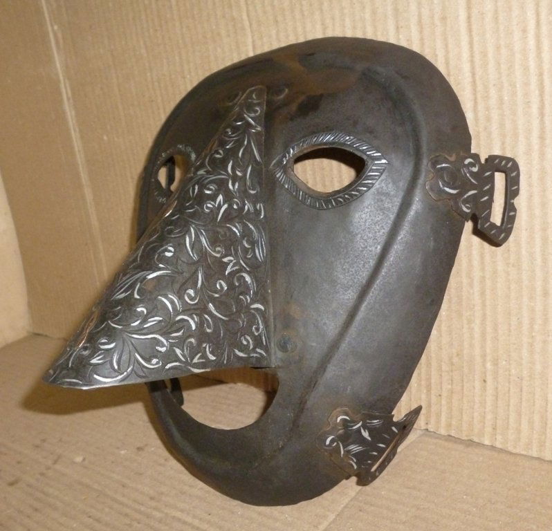 OLD BRANK SCOLDS BRIDLE PRISONER SHAME MASK BIG NOSE: Unique rare shame / torture mask with big nose hand made of steel with hand engraving and silver paint.Such mask was use to make wear to person who does speaks wrong / bad about others and tie in publ