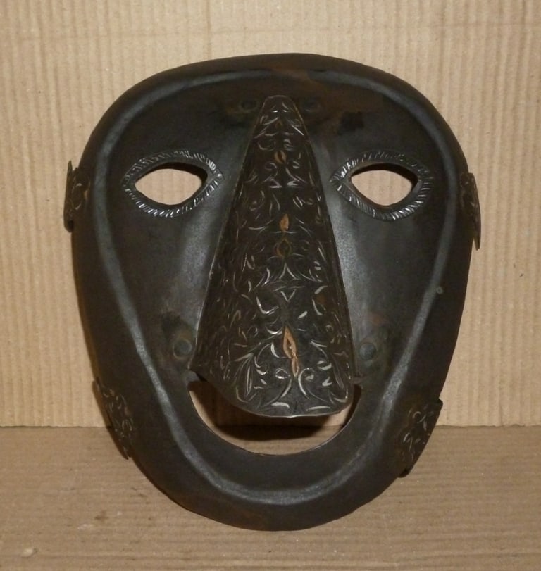 OLD BRANK SCOLDS BRIDLE PRISONER SHAME MASK BIG NOSE: Unique rare shame / torture mask with big nose hand made of steel with hand engraving and silver paint.Such mask was use to make wear to person who does speaks wrong / bad about others and tie in publ