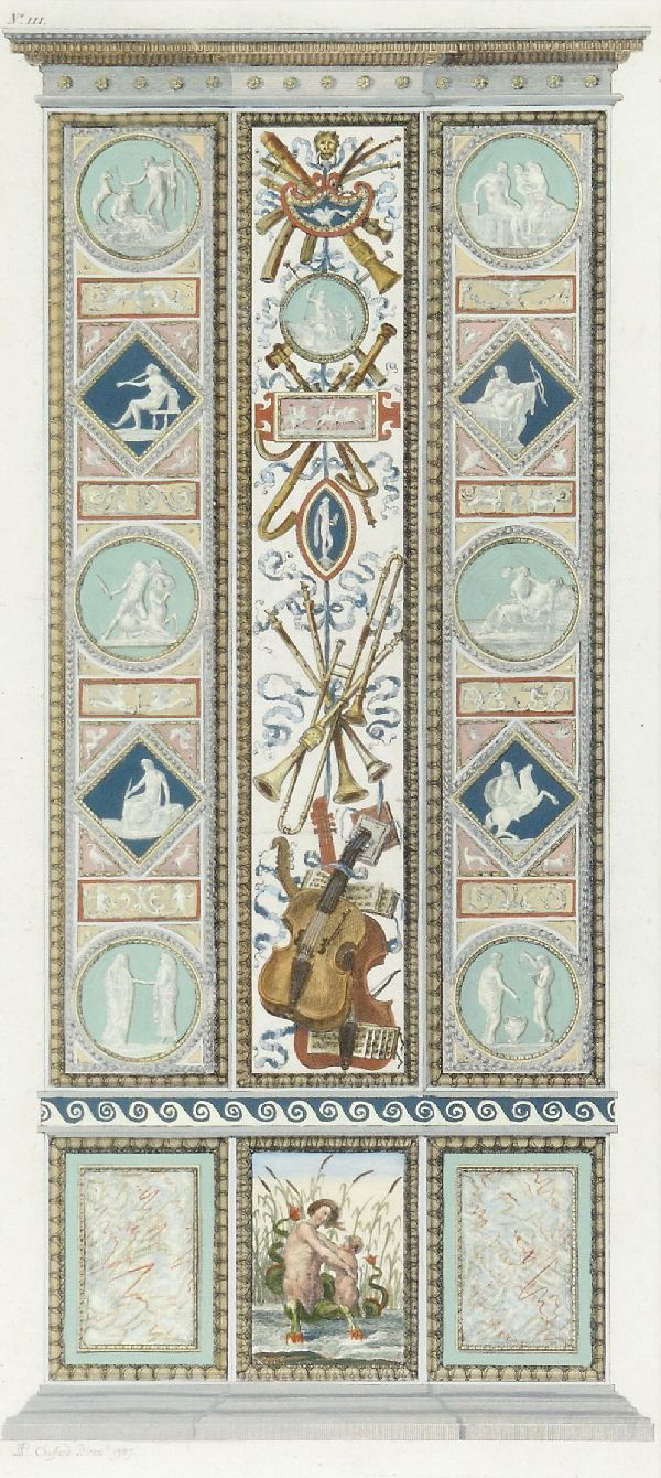 Pierre Philippe Choffard "Pilaster III with music: Pierre Philippe Choffard "Pilaster III with musical instruments". 1787. Coloured engraving. Out of the series "Logge del Vaticano". Numbered N°.III. and inscribed "P.P. Choffard Direx. 1787." on the