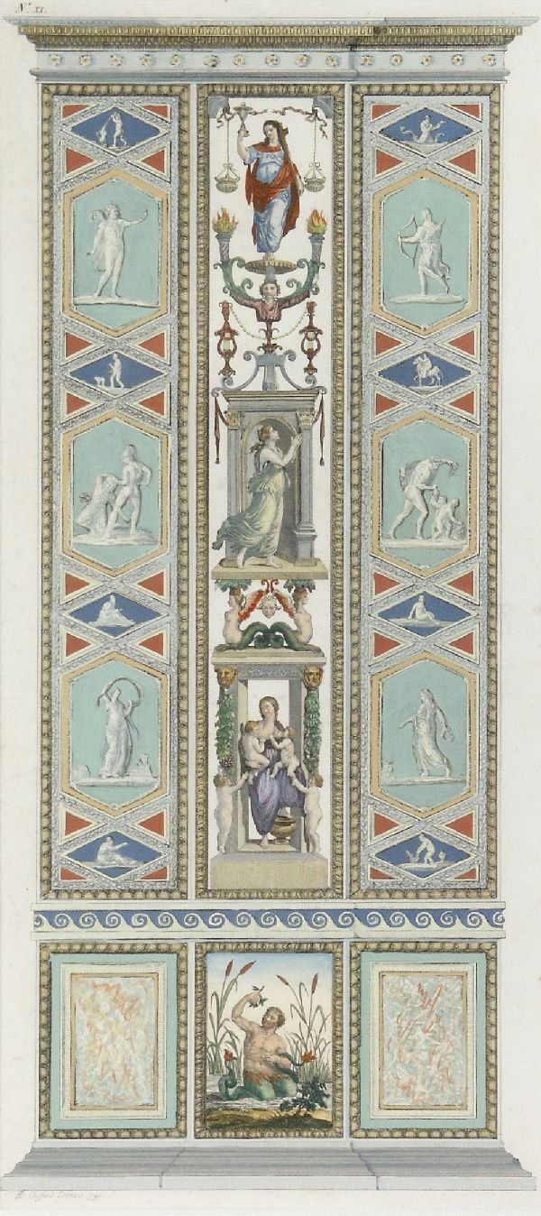 Pierre Philippe Choffard "Pilaster XI with a illu: Pierre Philippe Choffard "Pilaster XI with a illustration of Caritas". 1790. Coloured engraving. Out of the series "Logge del Vaticano". Numbered N°. XI. and inscribed "P.P. Choffard Direx. 1790." on