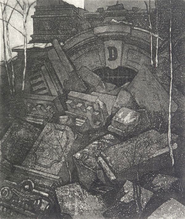 Manfred Butzmann "D wie Dresden". 1934.: Manfred Butzmann "D wie Dresden". 1934. size: Pl. 21,2 x 17,9 cm, Bl. 31,8 x 26,5 cm. Manfred Butzmann "D wie Dresden". 1934. Aquatinta auf chamoisfarbenen Papier. In Blei signiert und datiert u.re.,