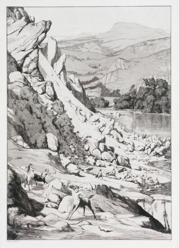 Max Klinger "Landslide". 1881.: Max Klinger "Landslide". 1881. Etching. Signed on plate, numbered: VI. Sheet 6 from the cycle "Intermezzi".Framed in mat with glass.Frame with minimal defects, minimal mouldy. size: Pl. 41,2 x 29 cm,