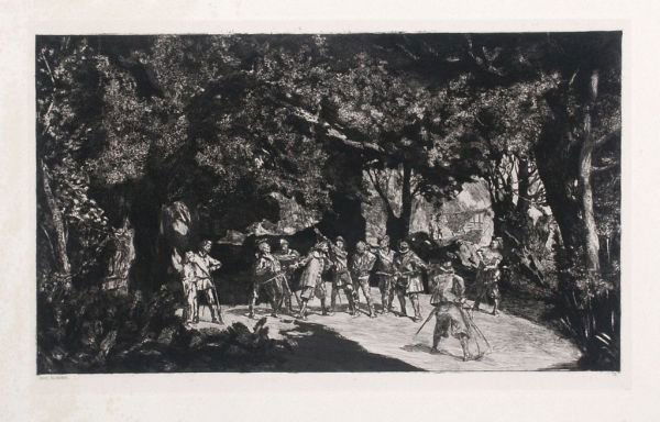 Max Klinger "Simplicissimus among soldiers". 1881: Max Klinger "Simplicissimus among soldiers". 1881. Etching. Signed on plate, numbered: IX. Sheet 9 from the cycle "Intermezzi".Minimal mouldy, slight crinkles. size: Pl. 26 x 42 cm, Bl. 44 x 61 cm. Ma