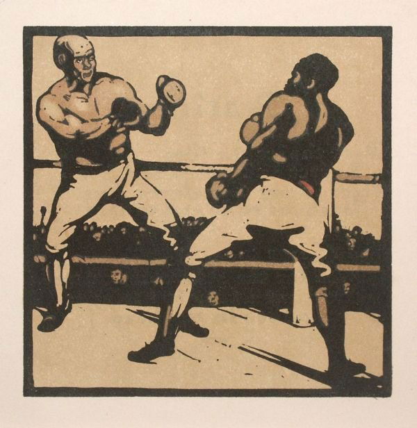 William Nicholson "Boxing". 1st half of 20th cent: William Nicholson "Boxing". 1st half of 20th cent. Linocut. Verso linocut with poem "Skating".One edge with tear. size: Pl. 19,8 x 19,6 cm, Bl.24 x 23,7 cm. William Nicholson "Boxing". 1. H. 20. Jh. L