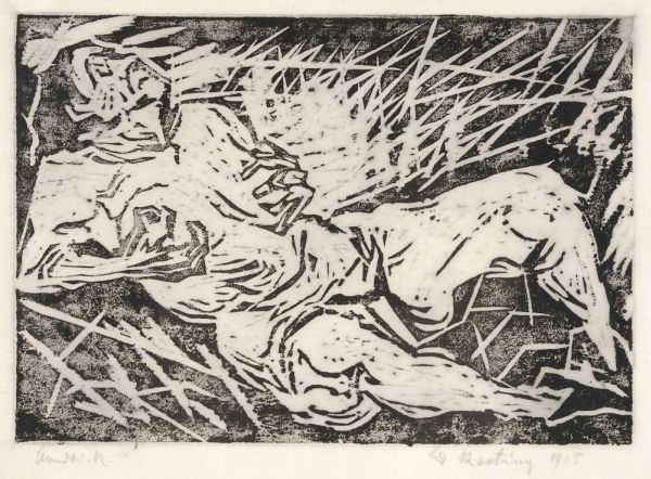 Edmund Kesting "Weiblicher Akt". 1915.: Edmund Kesting "Weiblicher Akt". 1915. Wood cut on japanese paper. size: Stk. 20,5 x 29,2 cm, Bl. 30 x 48,4 cm. Edmund Kesting "Weiblicher Akt". 1915. Holzschnitt auf Japan. In Blei datiert und signie