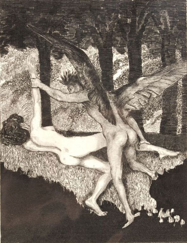 Max Klinger "Zelt, I. Nr. 8 - Vergewaltigung". 19: Max Klinger "Zelt, I. Nr. 8 - Vergewaltigung". 1915. Aquatint etching.. size: Pl. 22,5 x 18 cm, Bl. 35,5 x 25 cm. Max Klinger "Zelt, I. Nr. 8 - Vergewaltigung". 1915. Aquatintaradierung. Typographisch