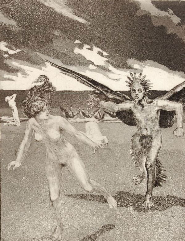 Max Klinger "Zelt, I. Nr. 7 - Der Schwanenprinz".: Max Klinger "Zelt, I. Nr. 7 - Der Schwanenprinz". 1915. Aquatint etching.. size: Pl. 22,5 x 18 cm, Bl. 35,5 x 25 cm. Max Klinger "Zelt, I. Nr. 7 - Der Schwanenprinz". 1915. Aquatintaradierung. Typogra