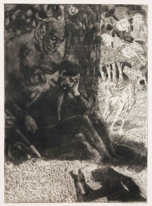 Max Klinger "Zelt, II. Nr. 34 - Zauberer und Ritt: Max Klinger "Zelt, II. Nr. 34 - Zauberer und Ritter" 1915. Aquatint etching.. size: Pl. 23 x 17 cm, Bl. 35,5 x 25 cm. Max Klinger "Zelt, II. Nr. 34 - Zauberer und Ritter" 1915. Aquatintaradierung. Typ