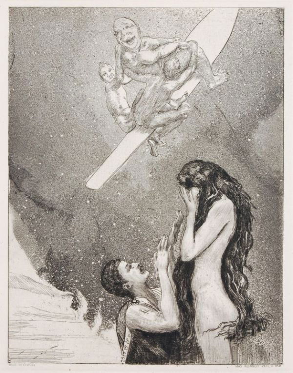 Max Klinger "Zelt, II. Nr. 41 - Gefunden". 1915.: Max Klinger "Zelt, II. Nr. 41 - Gefunden". 1915. Aquatint etching.. size: Pl. 22,5 x 17,5 cm, Bl. 35,5 x 25 cm. Max Klinger "Zelt, II. Nr. 41 - Gefunden". 1915. Aquatintaradierung. Typographisch betit