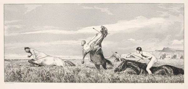 Max Klinger "Verfolgter Centaur". 1881.: Max Klinger "Verfolgter Centaur". 1881. Aquatint etching.. size: Darst. 16,5 x 37,5 cm, Bl. 20 x 39,6 cm, Bl. 45,2 x 63 cm (Untersatzp.) Max Klinger "Verfolgter Centaur". 1881. Aquatintaradierung auf
