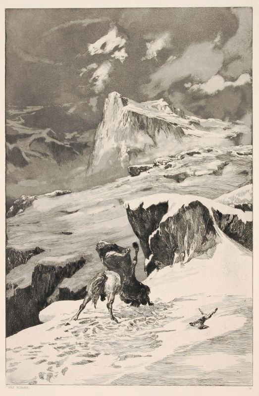 Max Klinger "Kämpfende Centauren". 1881.: Max Klinger "Kämpfende Centauren". 1881. Aquatint etching.. size: Darst. 38,2 x 25 cm, Bl. 40,8 x 26,3 cm, Bl. 50,7 x 33 cm (Untersatzp.). Max Klinger "Kämpfende Centauren". 1881. Aquatintaradierung