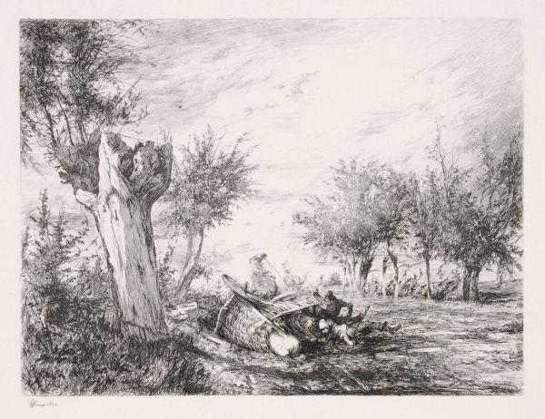 Fritz Werner "Eine Conversation/ Landschaft mit v: Fritz Werner "Eine Conversation/ Landschaft mit verunglückter Kutsche". Um 1852. Etching. size: Pl. 20,8 x 16 cm, Bl. 23,5 x 18,2 cm (Bl.1), Pl. 22,3 x 27,2 cm, Bl. 30,5 x 40 cm (Bl.2). Fritz Werner
