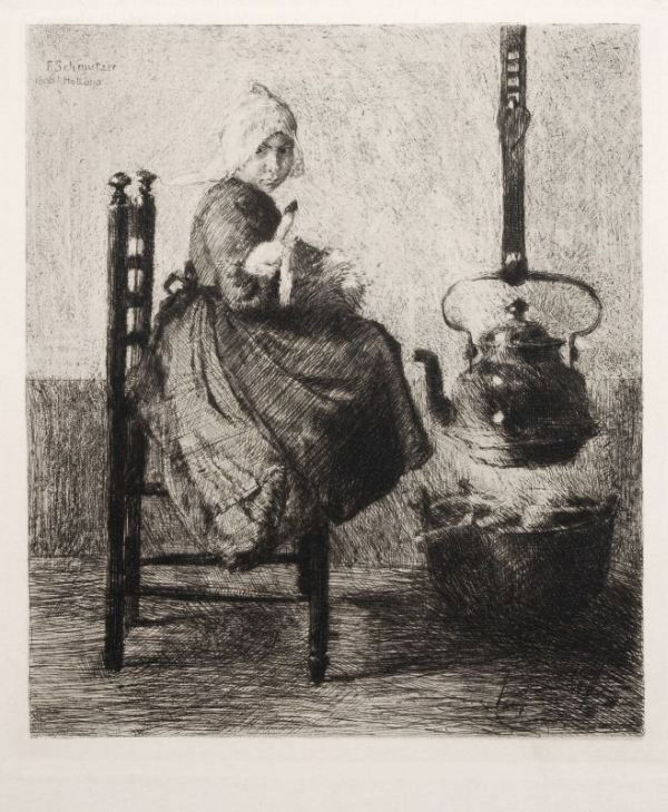 Ferdinand Schmutzer "Kind vor dem Teekessel". 190: Ferdinand Schmutzer "Kind vor dem Teekessel". 1909. Etching on hand-made paper. size: Pl. 21 x 18,1 cm, Bl. 31,2 x 24,5 cm. Ferdinand Schmutzer "Kind vor dem Teekessel". 1909. Radierung auf chamoisfar