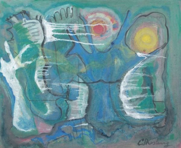 Edmund Kesting "The blue beech tree". 1960's.: Edmund Kesting "The blue beech tree". 1960's. Gouache on Paper. Signed "E. Kesting". Verso Collection's stamp. Minimal defects. size: 49,5 x 59,6 cm. Edmund Kesting "Die Blaue Buche". 1960er Jahre. Go