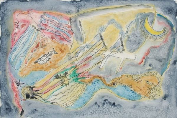 Edmund Kesting "Moonswing". 1940's.: Edmund Kesting "Moonswing". 1940's. Mixed media (Ink and watercolour). In ink signed "E. Kesting". Verso in pencil inscribed by a different hand. Minimal corrugated. size: 52,5 x 35,5 cm. Edmund Kesti