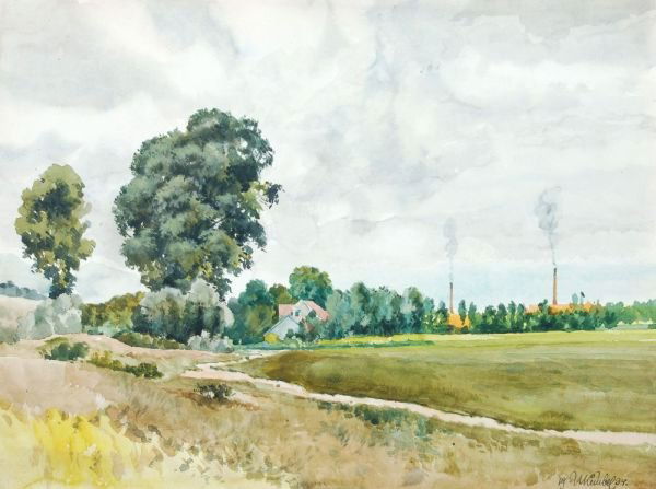 Wilhelm Kimbel "Landschaft mit Schornsteinen". 19: Wilhelm Kimbel "Landschaft mit Schornsteinen". 1934. Watercolour. size: 38 x 50,7 cm. Wilhelm Kimbel "Landschaft mit Schornsteinen". 1934. Aquarell. In Tusche datiert und signiert "W. Kimbel" u.re. Wi