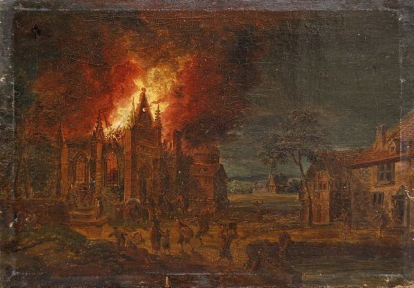 Jan Thomas van Kessel (Umkreis), Brand einer gotischen : Jan Thomas van Kessel (Umkreis), Brand einer gotischen Kirche. Antwerpen. Um 1700. Oil on canvas, auf Holz kaschiert. Unsigniert. Auf dem Rahmen bezeichnet "Van Kessel". In schmuckvoller Hohlkehlenlei