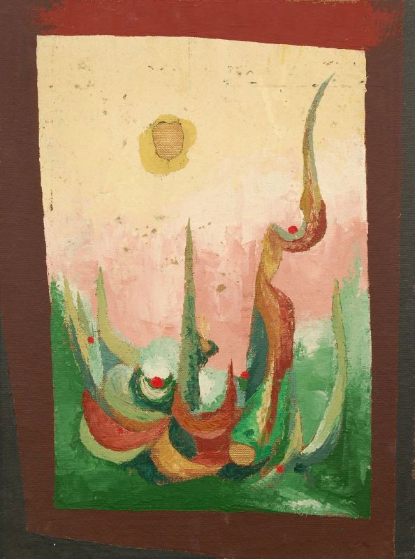 Thilo Maatsch, Pflanzen-Phantasie ("1529"). 1970.: Thilo Maatsch, Pflanzen-Phantasie ("1529"). 1970. Oil on fibreboard. In Wachsstift verso signiert "Thilo XX" und datiert, nummeriert "1529". Verso mit unvollendeter Landschaft in Blau, signiert und da