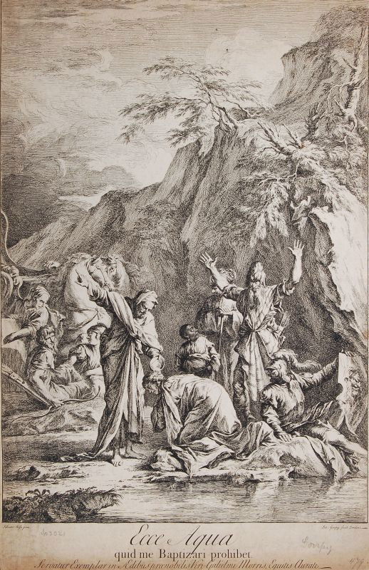 Joseph Goupy, Taufe eines Eunuchen. 18th cent.: Joseph Goupy, Taufe eines Eunuchen. 18th cent. Etching nach Salvator Rosa. In der Platte u.re. bezeichnet "Jos. Goupy fecit Londini" und ausführlich in Latein betitelt.Blatt etwas gebräunt, fleckig